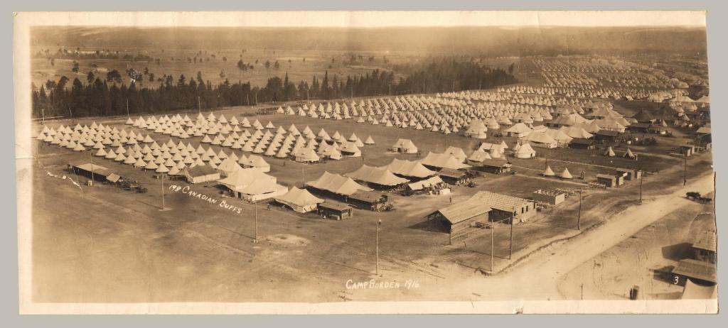 Aerial view of Camp Borden in 1916, showcasing rows of military tents set up for Canadian soldiers.